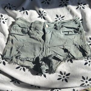 Frayed High-Rise Women's Denim Shorts in Sage Green